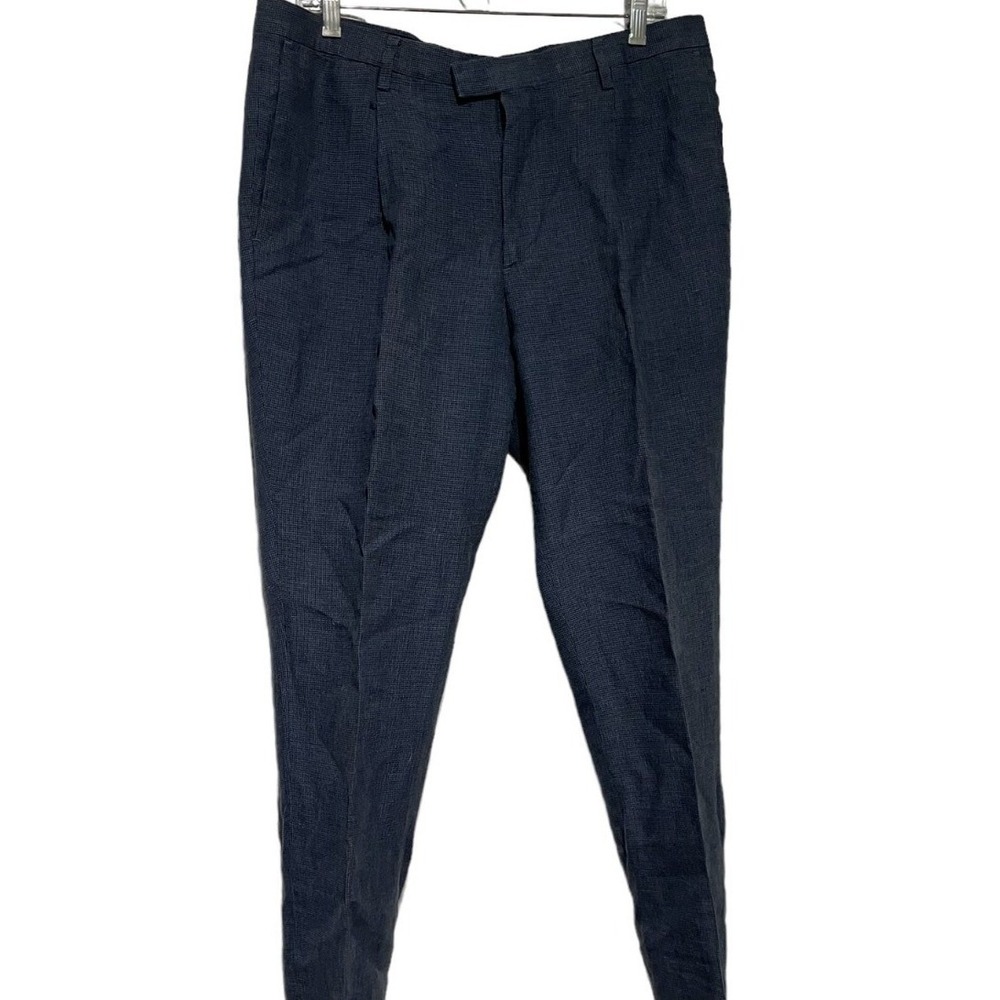 Banana Republic Slim Fit Linen Pants Mens 33x34 Navy Blue‎ Micro Check Trousers